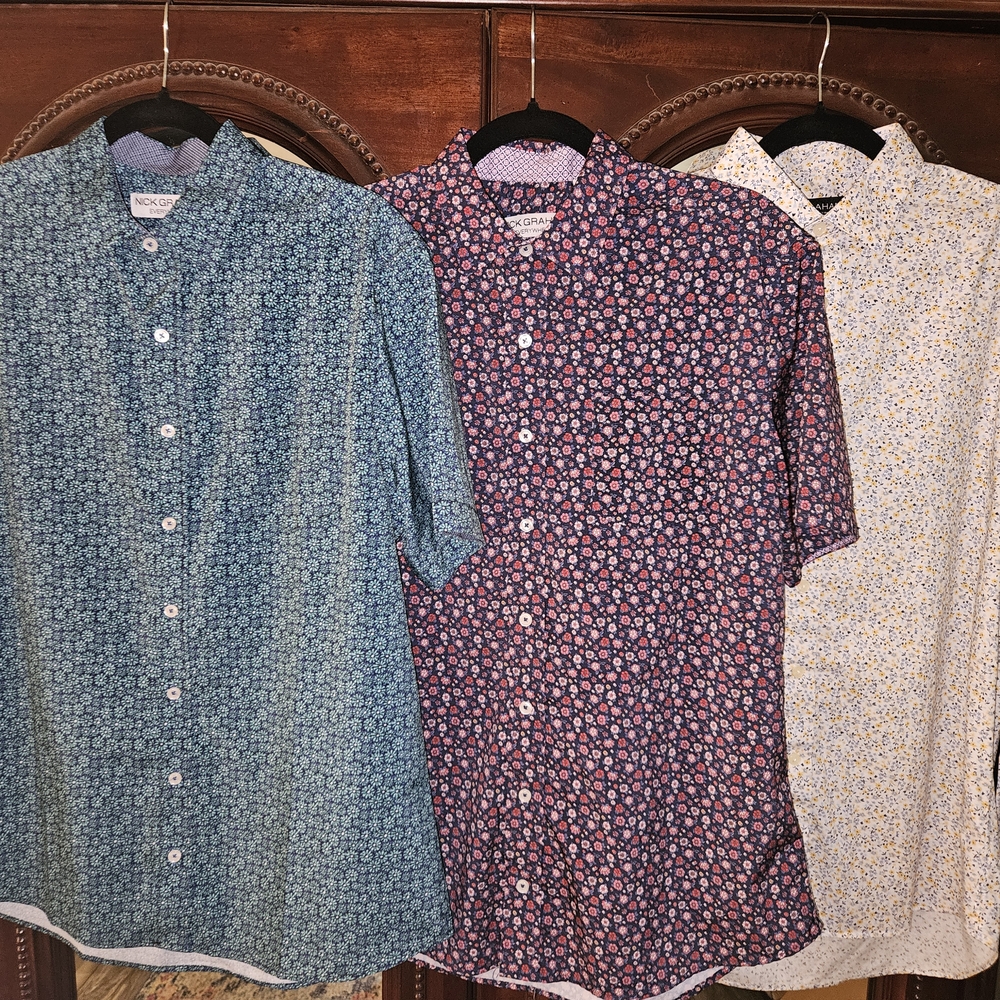 3 Nick Graham Men's Short And Long Sleeve Floral Shirts - Teal, Burgundy, Cream